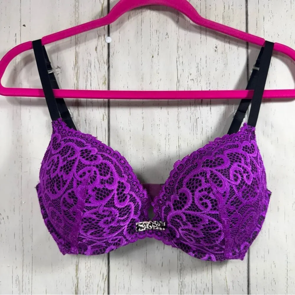 Frederick's of Hollywood Underwire Purple Push Up Bra Convertible Lace Coquette